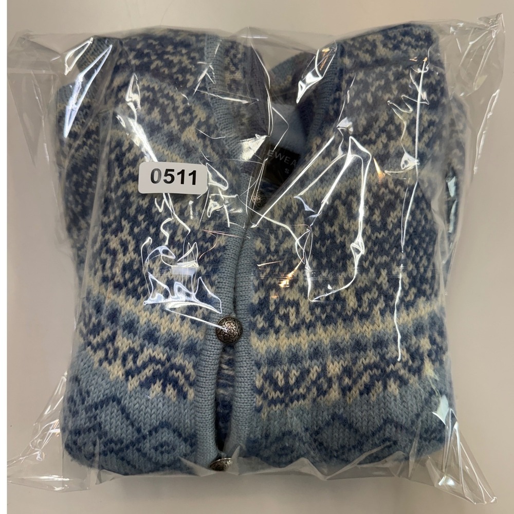Icewear Icelandic Wool Cardigan Sweater Blue Fair Isle Nordic Pewter Button S - Picture 10 of 11